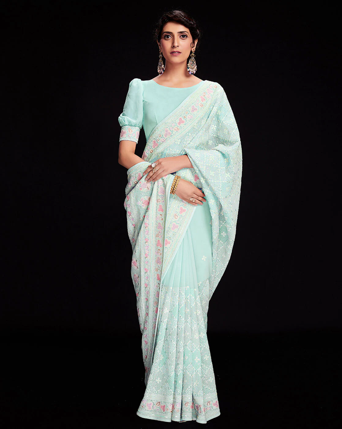 -1117Wx1400H-466264357-blue-MODEL Floral Print Saree with Border - Image 1