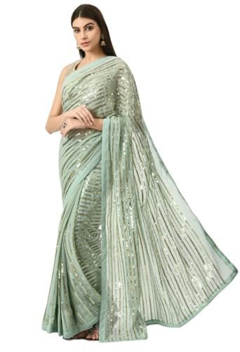Women's Pre-Stitched Golden Striped Splendor Ready To Wear Georgette Saree with Blouse (Customize Available)