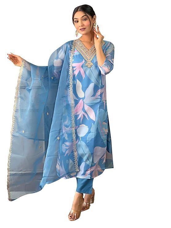61raLmpW0pL._SY741_ Women's Sky Organza with Cotton Lining Embroidered and Printed Straight Kurta with Rayon Pant and Organza Laced Dupatta Sets - Image 1