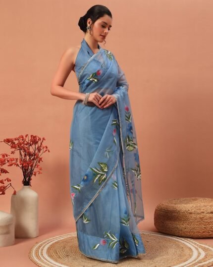 Women Hand Floral Printed Organza Saree
